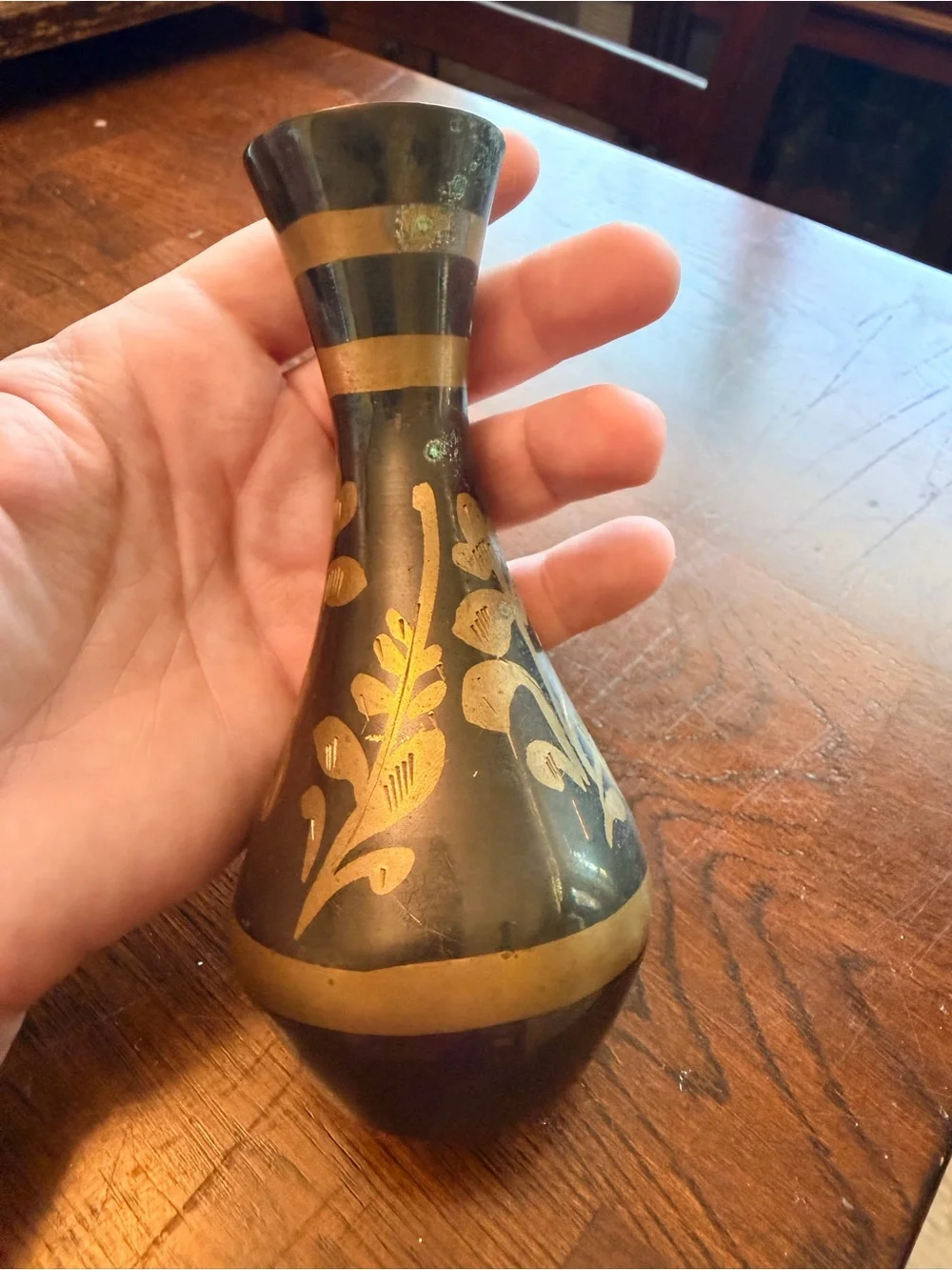Hand-Painted Black and Gold Brass Floral Accent Bud Vase - India